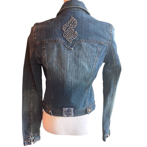 Rocawear Vintage Y2K Womens Jean Jacket Small Cropped Denim Dark Wash Beaded - Picture 8 of 16